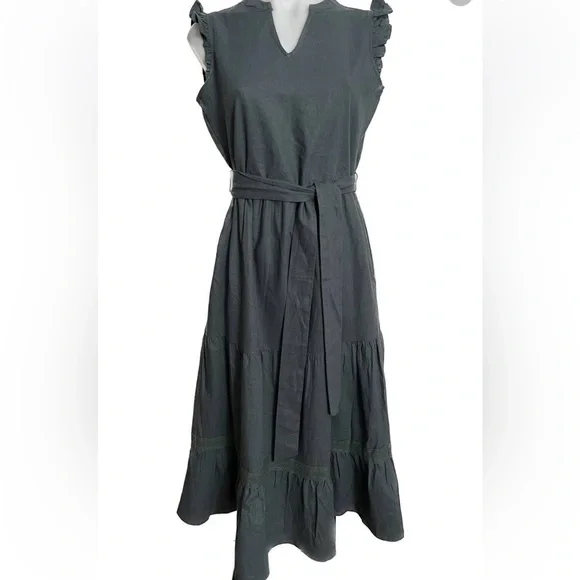 chinese dress ladies Threadbare Women's Stone Stripe Linen Blend Tiered Button Down Midi Dress  with Flutter Straps